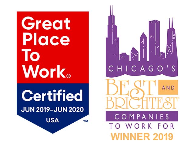 Great Place to Work Certified Jun 2019-2020" and "Chicago's Best and Brightest Companies Winner 2019" logos.