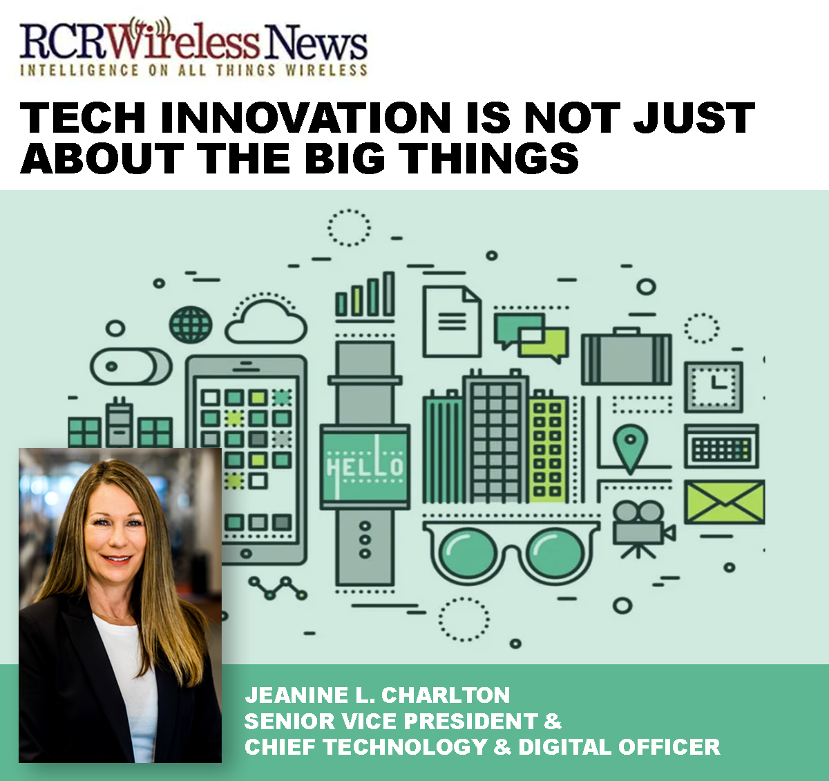 Magazine cover with a tech-themed illustration and a businesswoman's portrait. Text: "Tech innovation is not just about the big things.
