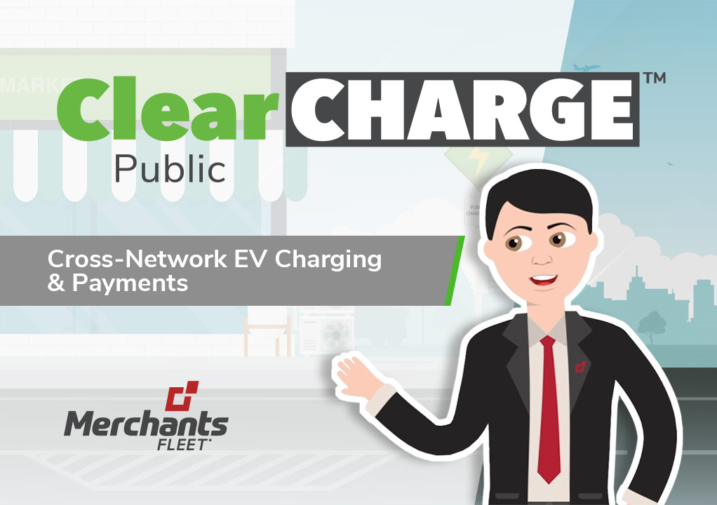 Illustration of a man promoting ClearCharge for EV charging and payments, with a cityscape and charging station.
