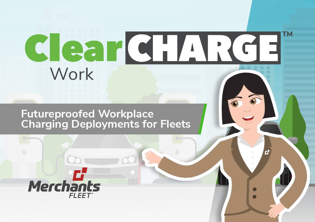 Illustration of a businessperson promoting ClearCharge for fleet charging solutions, with charging stations in the background.