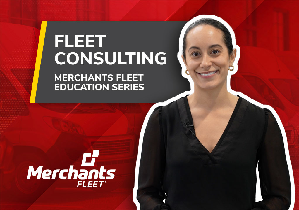 Woman smiling beside "Fleet Consulting" text on red background with vehicle outlines.