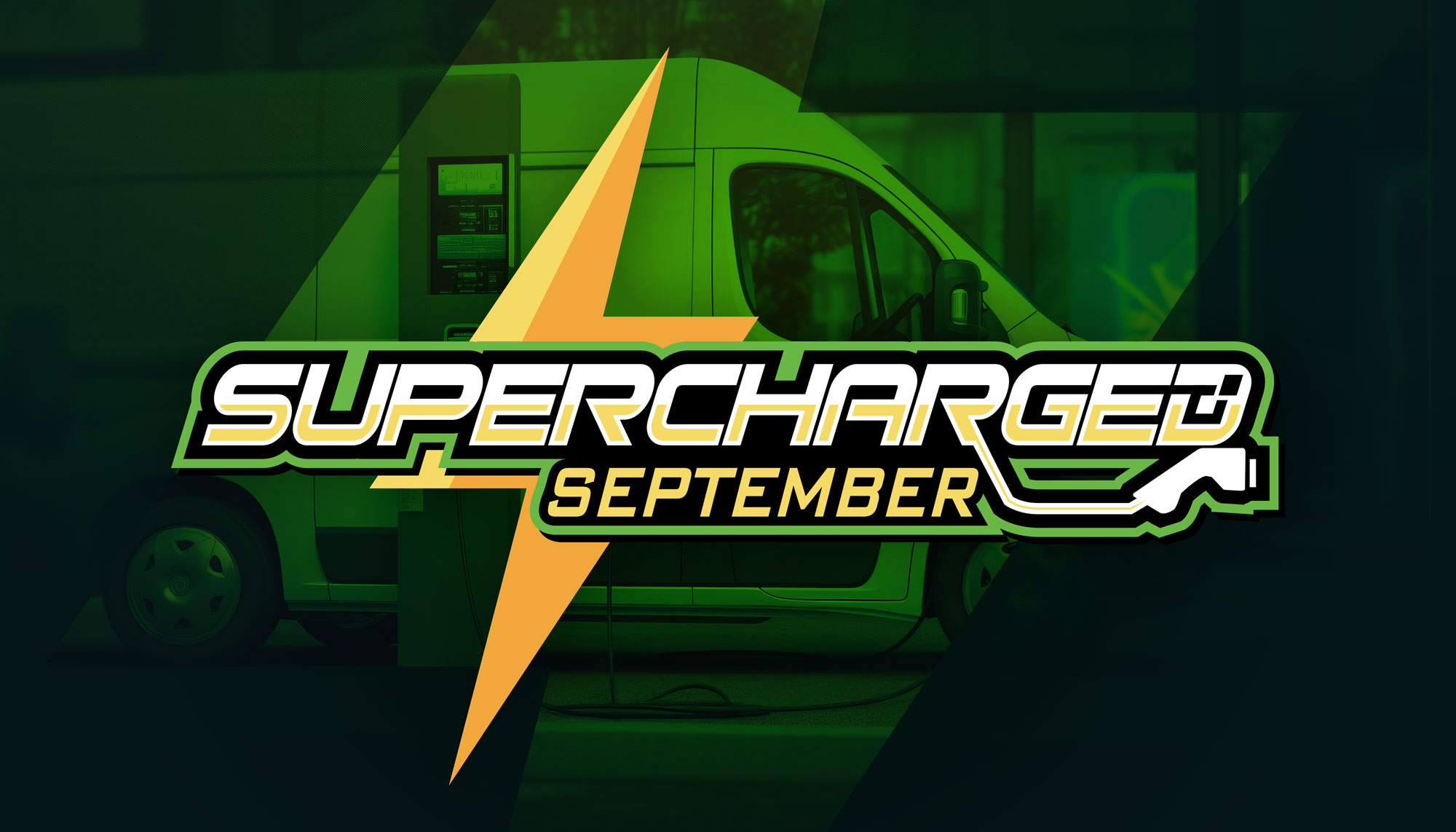 Supercharged September" logo with a lightning bolt over a background of a van at a charging station.