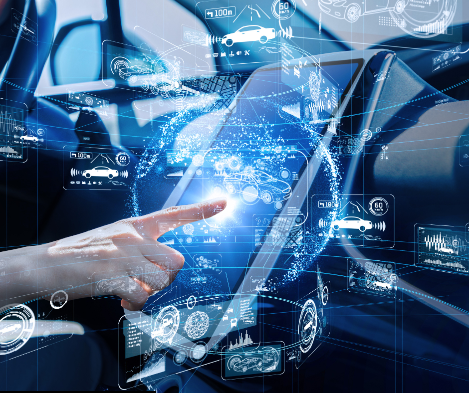 Hand interacting with futuristic digital interface in a car, displaying holographic vehicle data and graphics.
