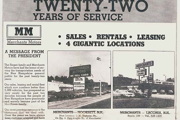 Vintage advertisement for Merchants Motors highlighting 22 years in sales, rentals, leasing, and 4 locations.