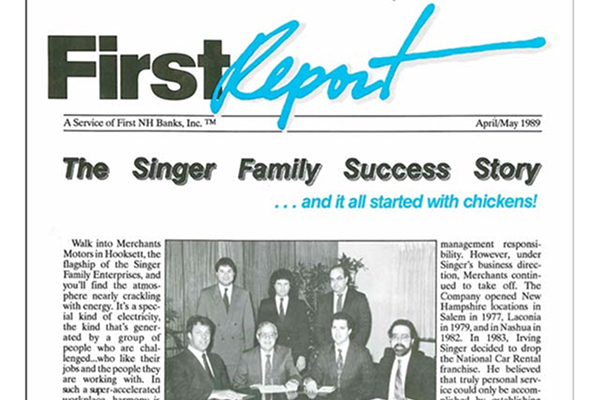 Magazine cover titled "First Report" featuring "The Singer Family Success Story" with a group photo.