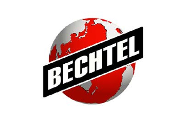 Red and silver globe with "BECHTEL" in bold on a black diagonal banner across it.