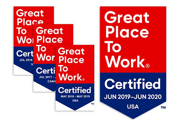 Four "Great Place to Work" certification badges for the USA, dated 2016-2020.