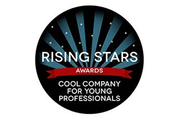 Logo for "Rising Stars Awards: Cool Company for Young Professionals," featuring starburst design in the background.