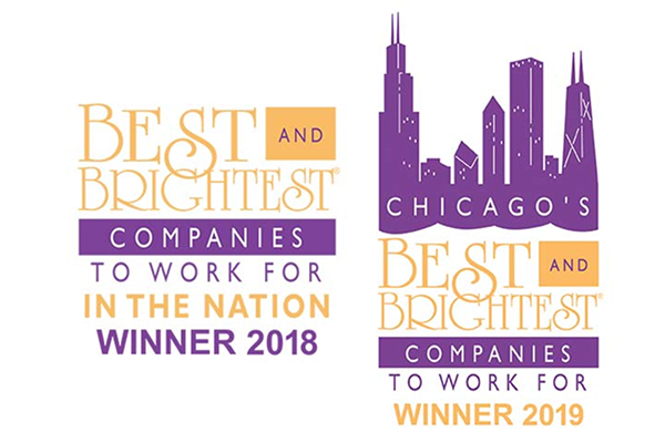 Logos for "Best and Brightest Companies to Work For" winners 2018 and 2019, featuring Chicago skyline.