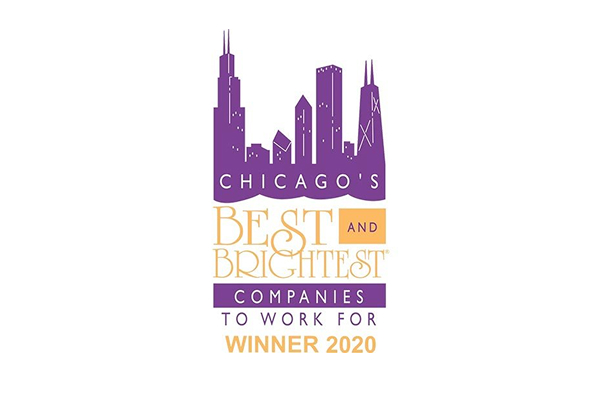 Purple Chicago skyline with text: "Chicago's Best and Brightest Companies to Work For, Winner 2020.