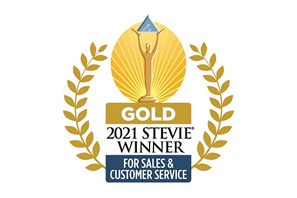Gold 2021 Stevie Winner logo for Sales & Customer Service, with a trophy and laurel wreath design.