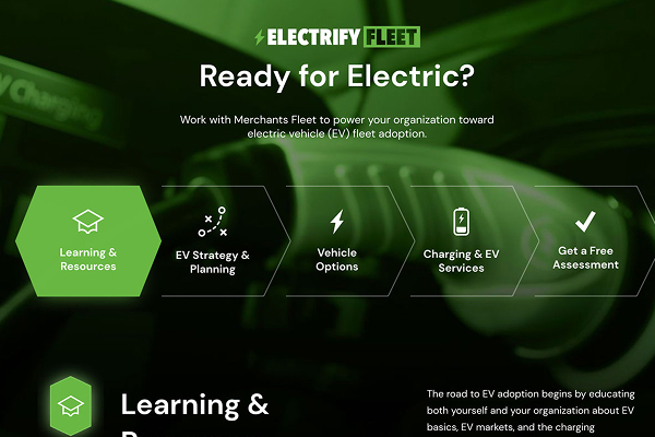 Green-themed graphic for EV fleet adoption with sections like Learning, Strategy, Options, Charging, and Assessment.