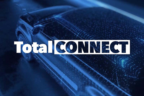 Futuristic digital car design with "Total CONNECT" text overlay in bold white font.