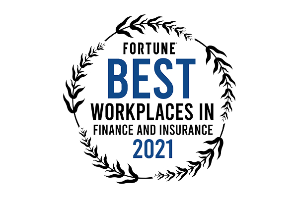Circular laurel design with text: "Fortune Best Workplaces in Finance and Insurance 2021.