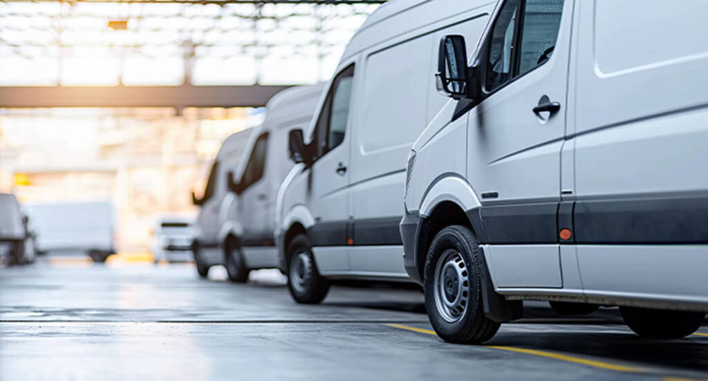 A row of white delivery vans parked in a well-lit indoor facility with large windows.