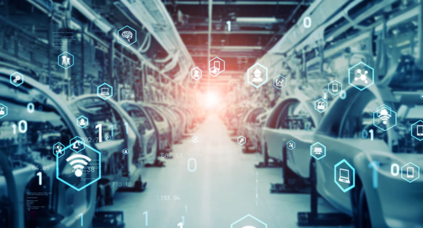Automated car manufacturing assembly line with digital icons overlay, symbolizing technology and innovation.